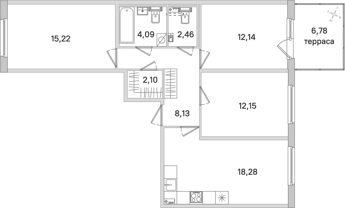 Планировка: 3-комнатная квартира, 74,6 м²