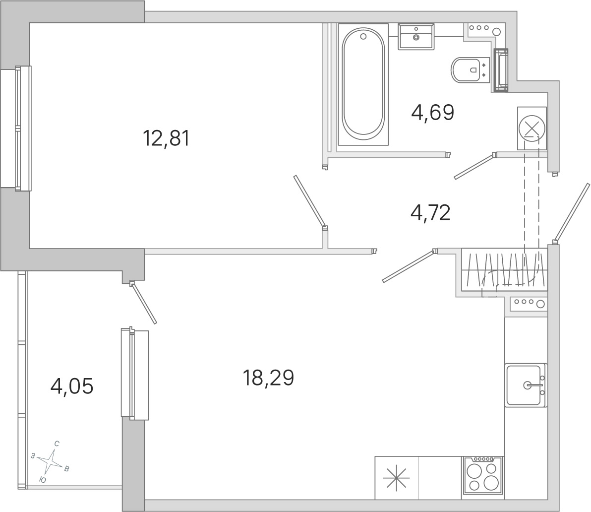 Планировка: 1-комнатная квартира, 40,5 м²