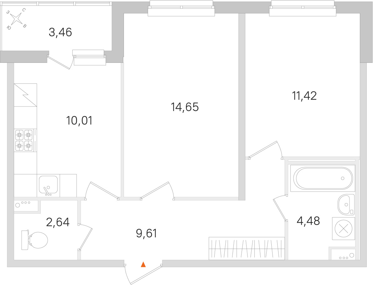 Планировка: 2-комнатная квартира, 52,8 м²