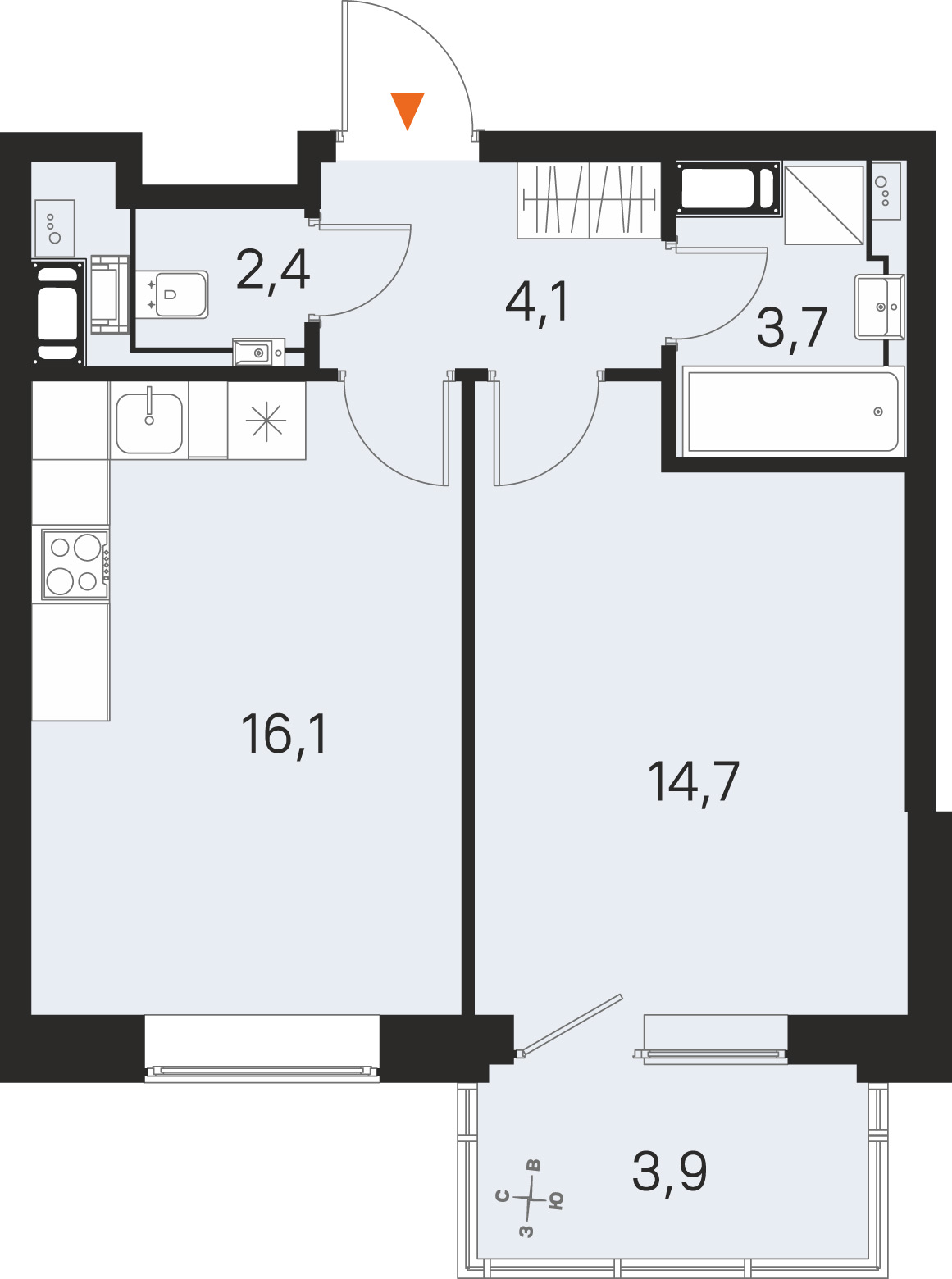 Планировка: 1-комнатная квартира, 41,0 м²