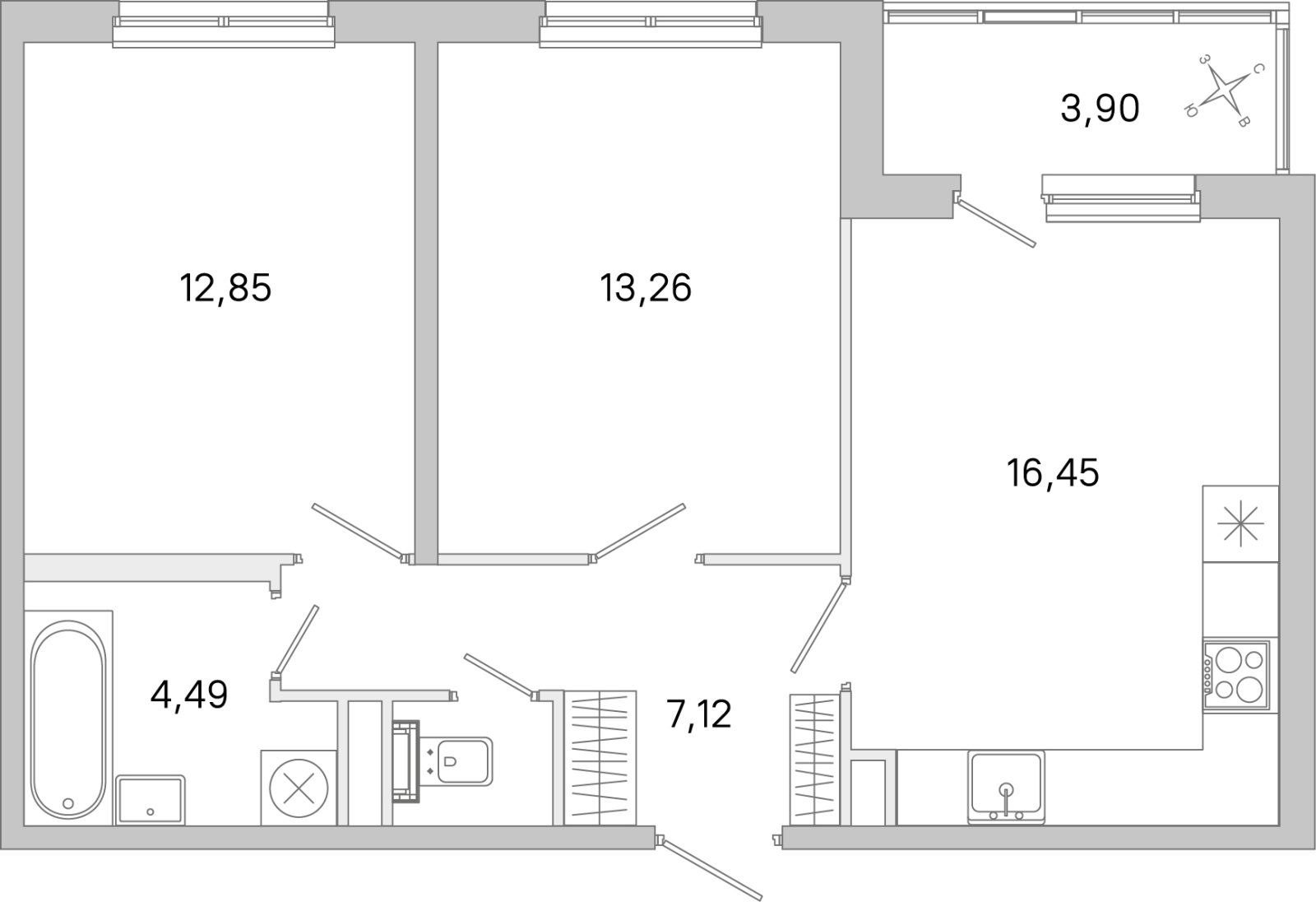 Планировка: 2-комнатная квартира, 55,8 м²