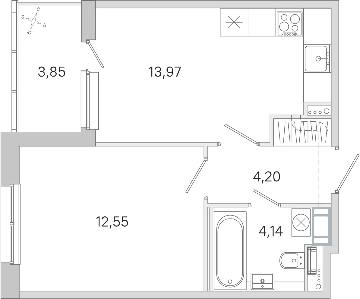 Планировка: 1-комнатная квартира, 34,9 м²