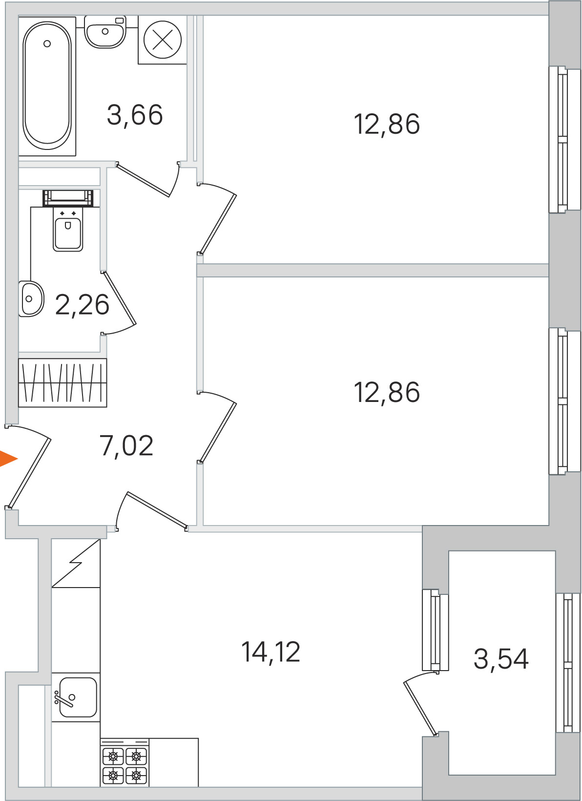 Планировка: 2-комнатная квартира, 52,8 м²