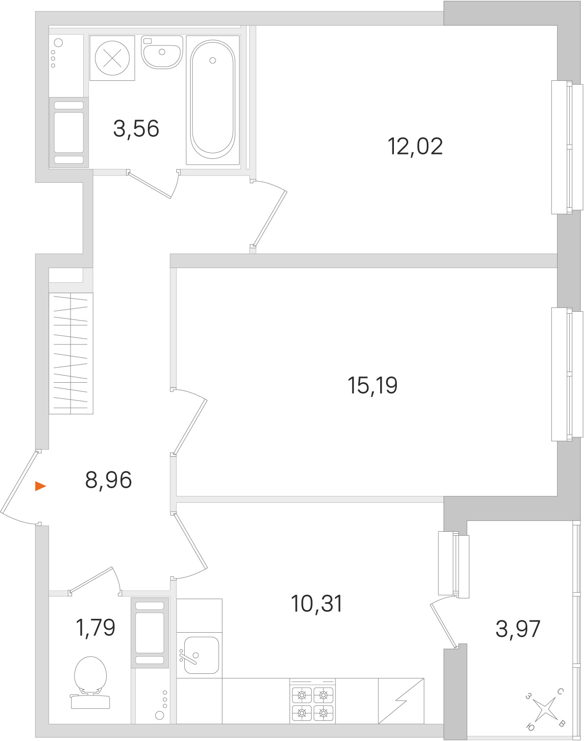Планировка: 2-комнатная квартира, 51,8 м²
