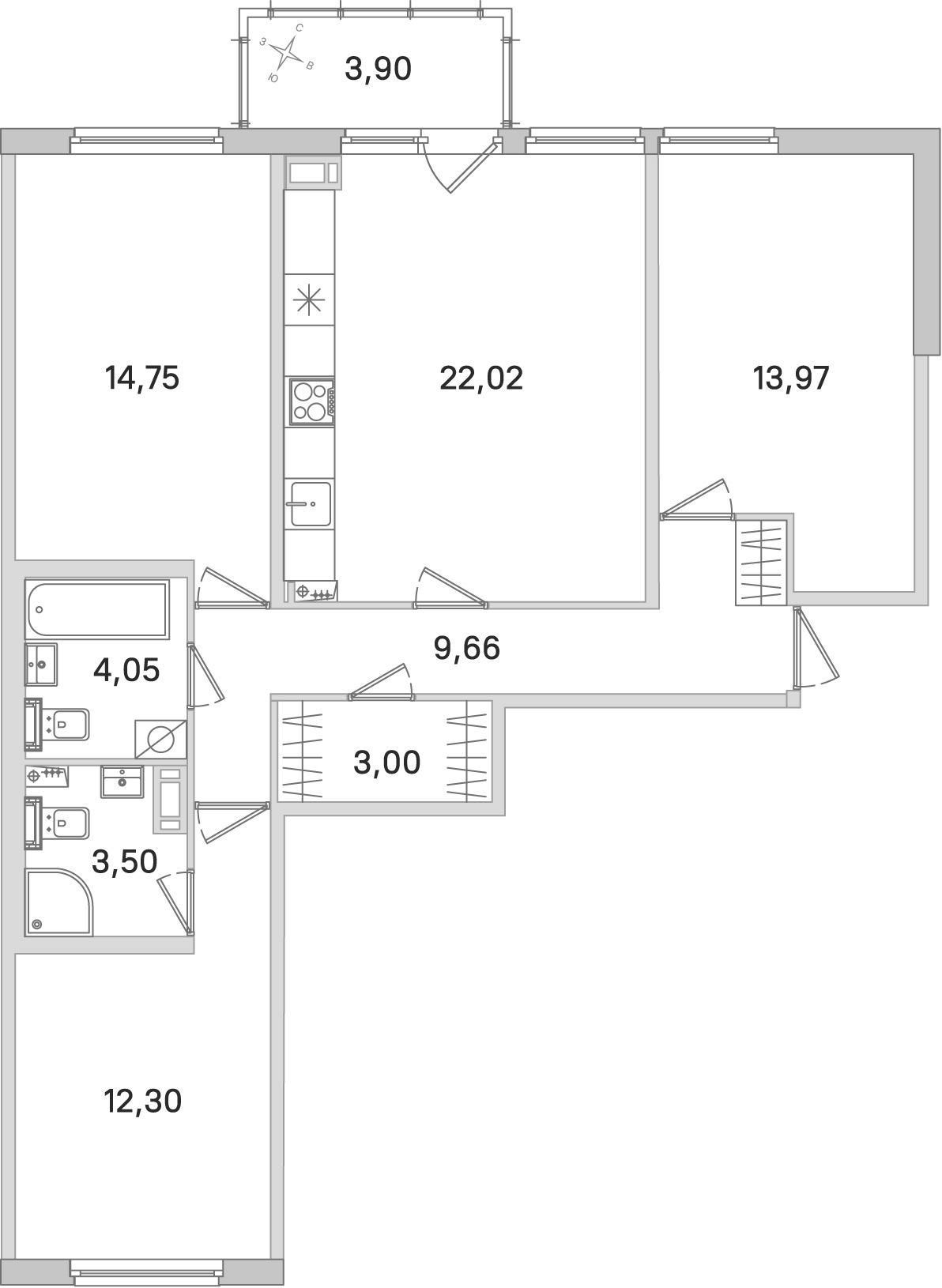 Планировка: 3-комнатная квартира, 83,3 м²