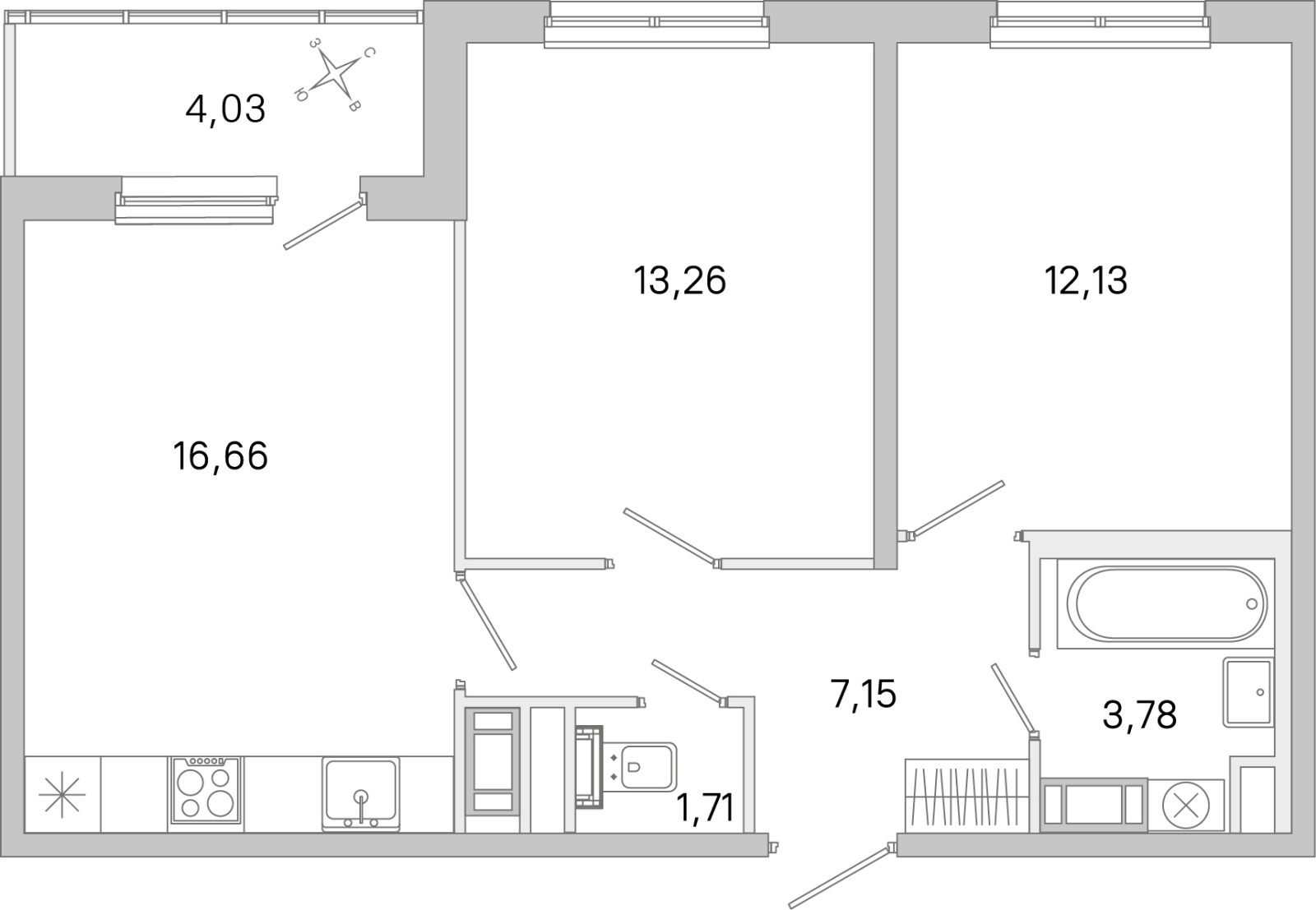 Планировка: 2-комнатная квартира, 54,7 м²