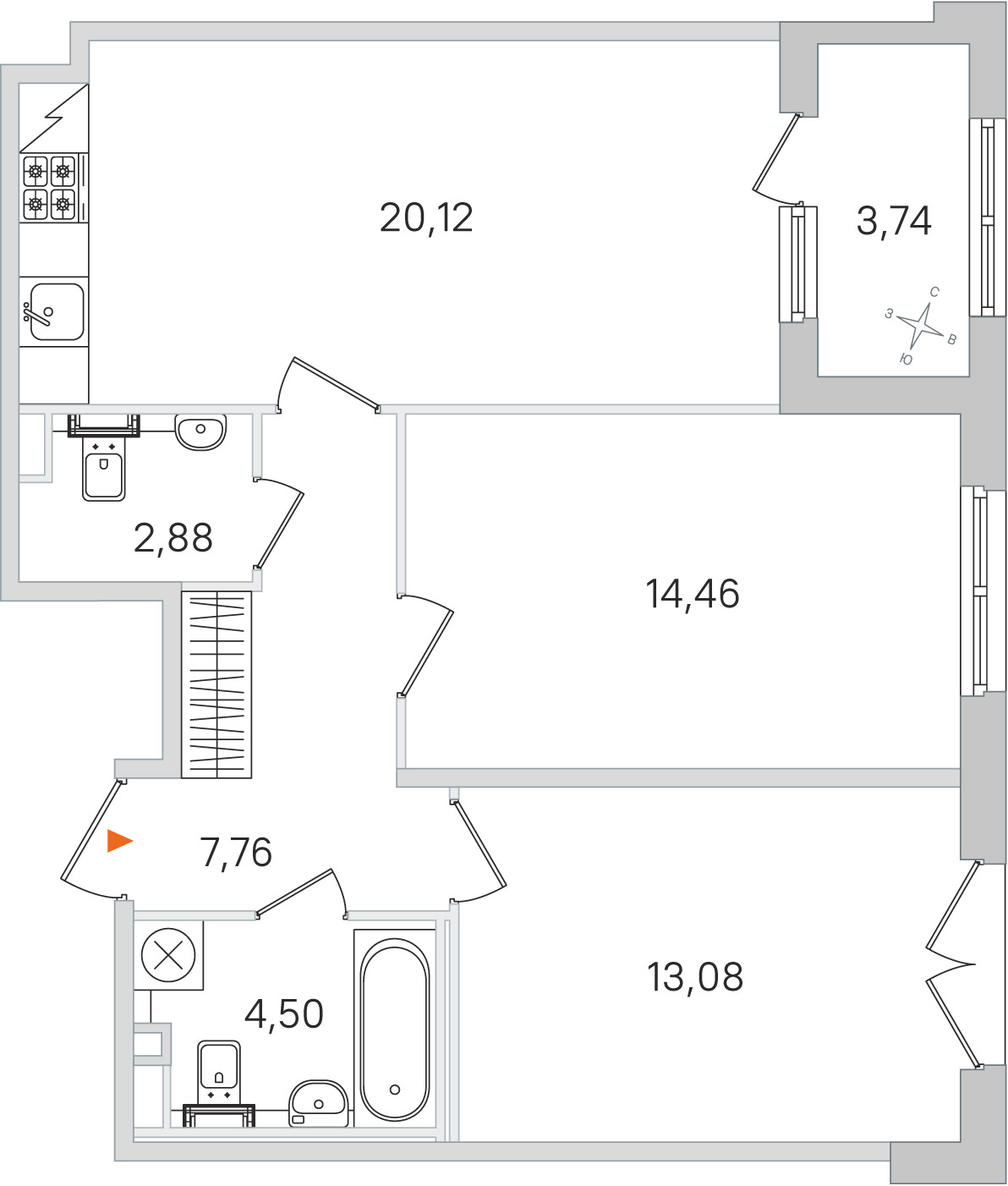 Планировка: 2-комнатная квартира, 62,8 м²