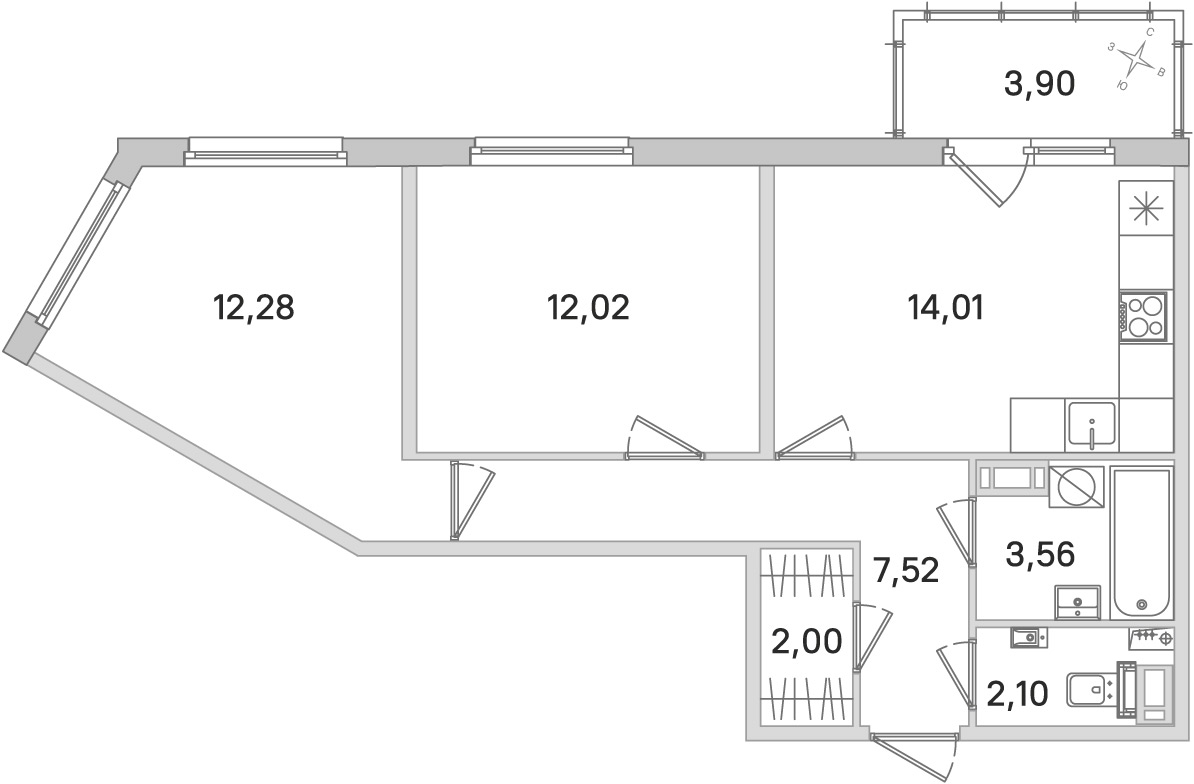 Планировка: 2-комнатная квартира, 53,5 м²