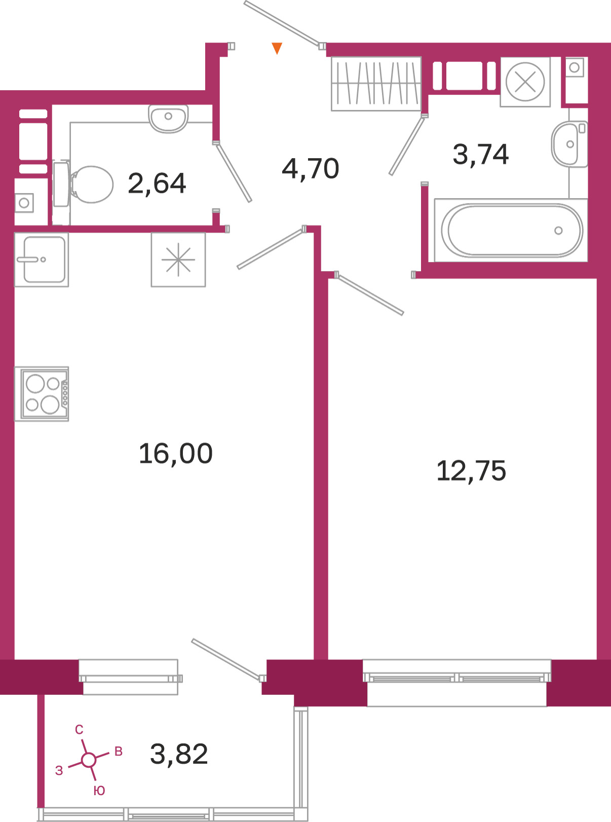 Планировка: 1-комнатная квартира, 39,8 м²