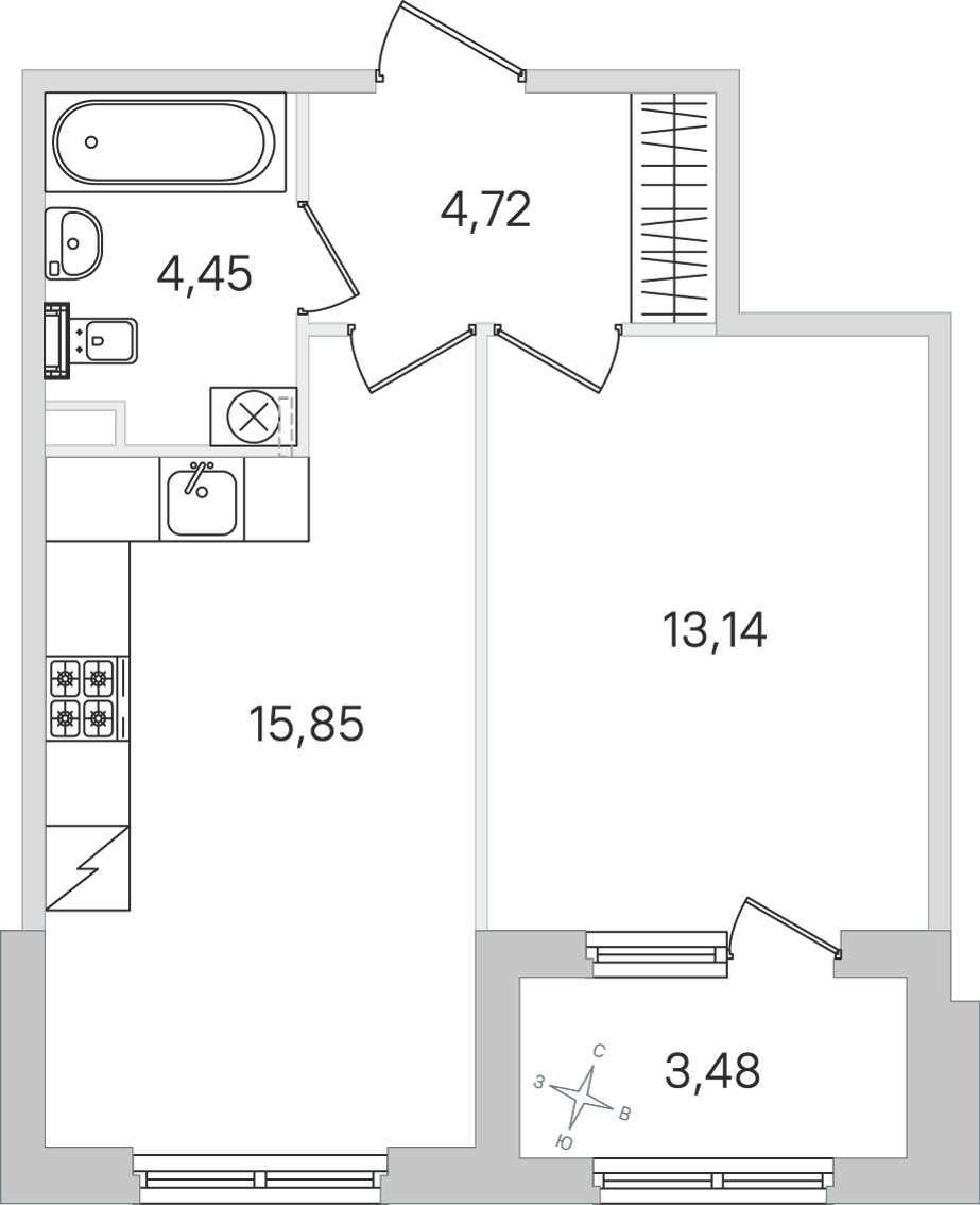 Планировка: 1-комнатная квартира, 38,2 м²