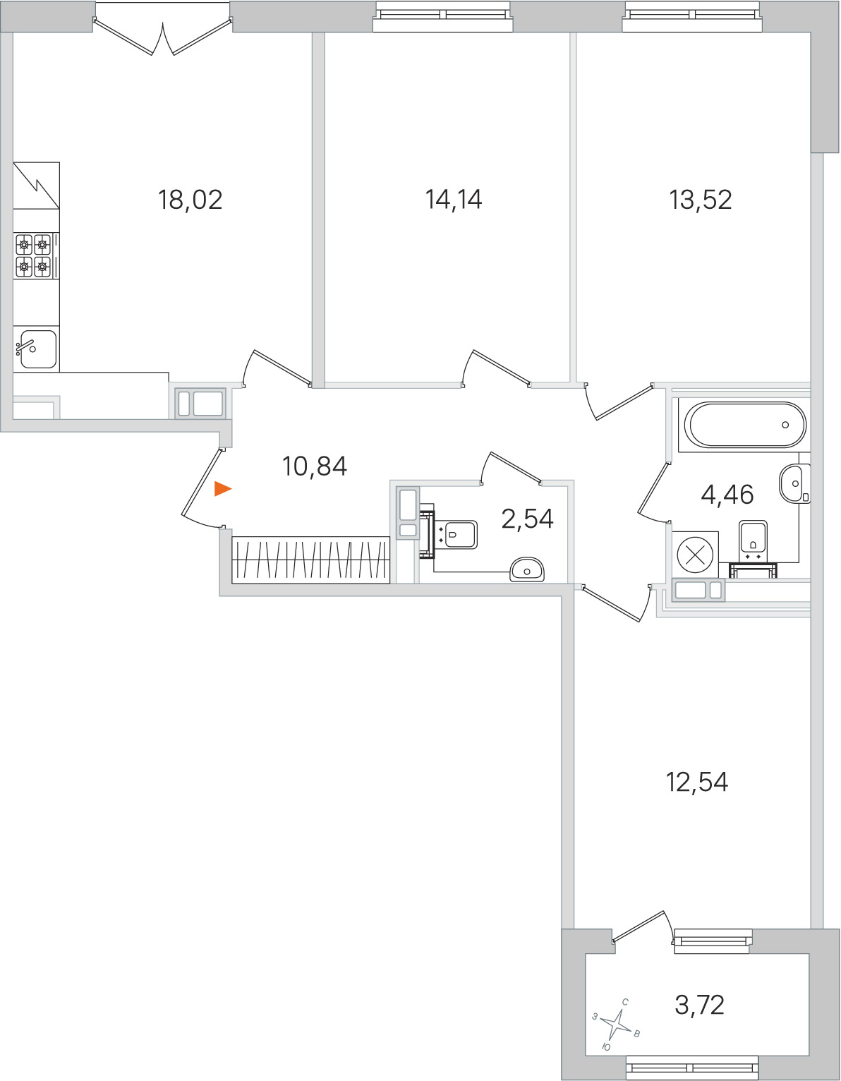 Планировка: 3-комнатная квартира, 76,1 м²