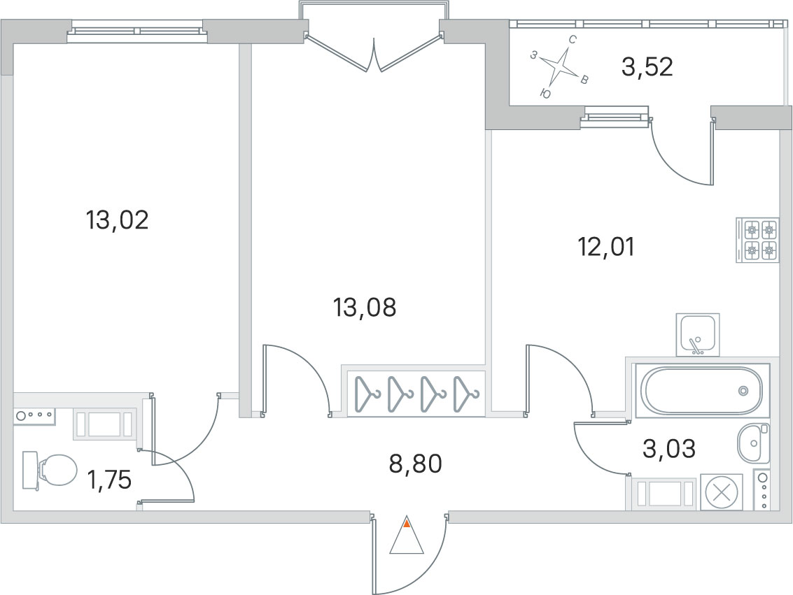 Планировка: 2-комнатная квартира, 51,7 м²