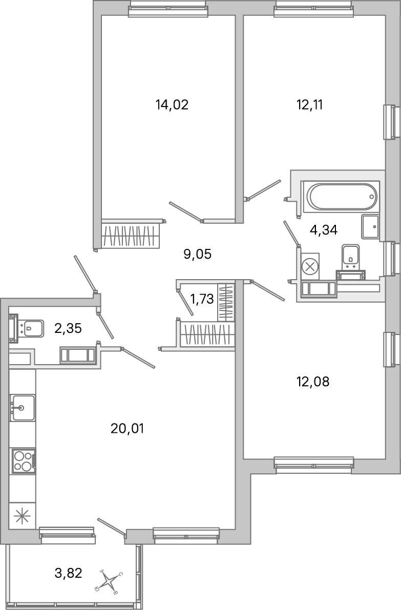 Планировка: 3-комнатная квартира, 75,7 м²