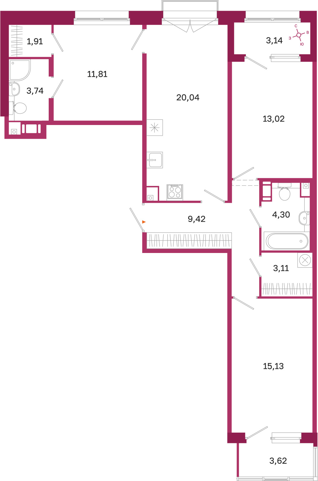 Планировка: 3-комнатная квартира, 82,5 м²