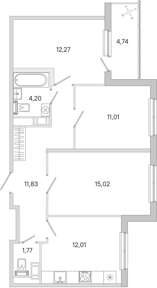 Планировка: 3-комнатная квартира, 68,1 м²