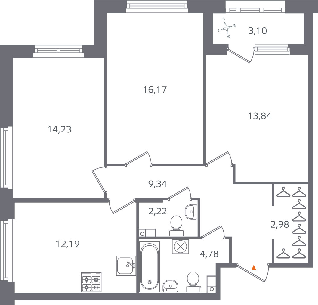 Планировка: 3-комнатная квартира, 75,8 м²