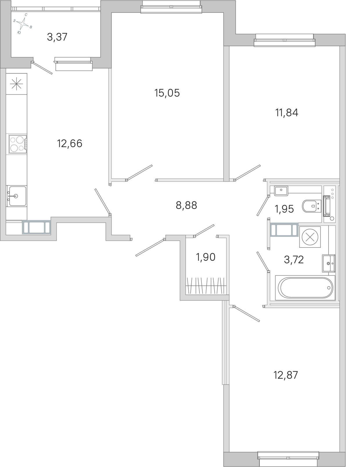 Планировка: 3-комнатная квартира, 68,9 м²