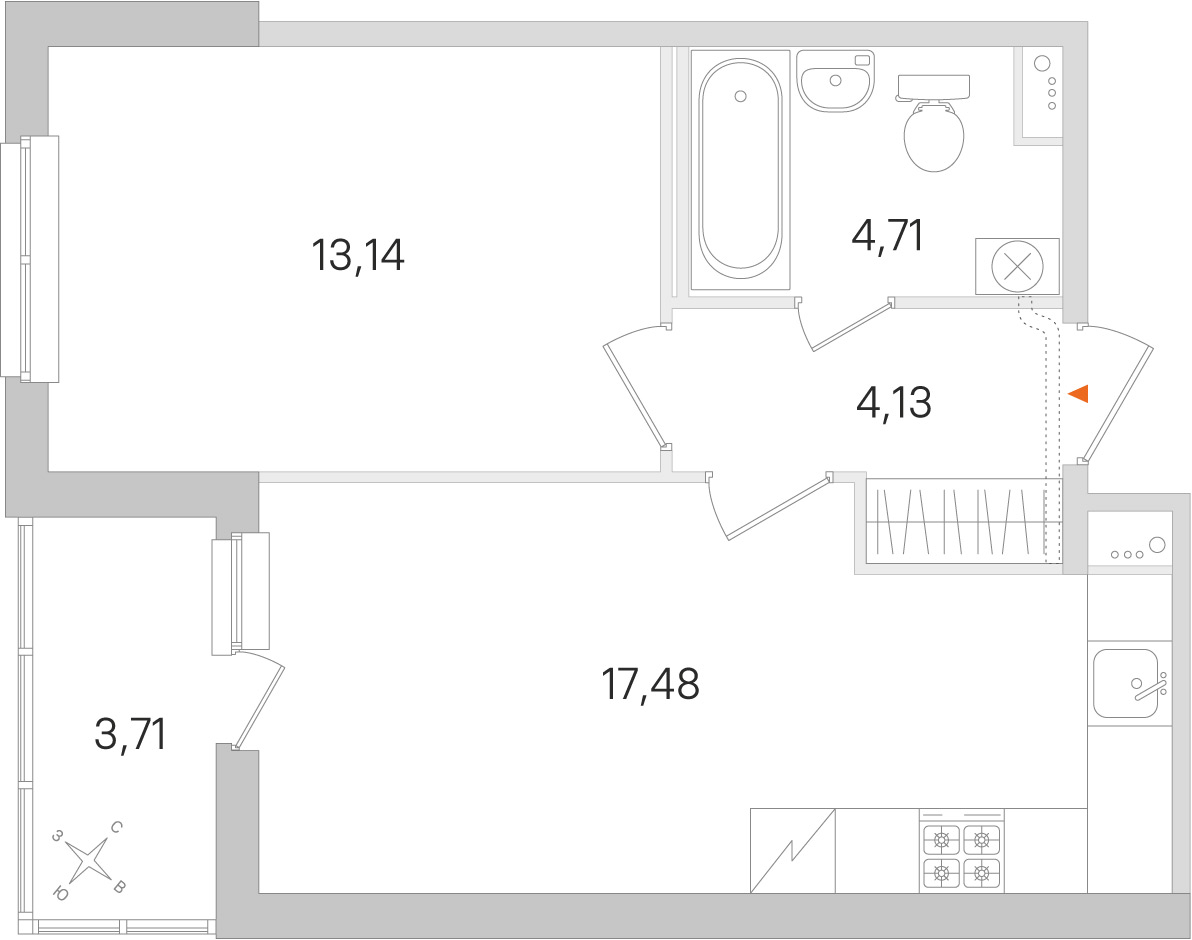 Планировка: 1-комнатная квартира, 39,5 м²