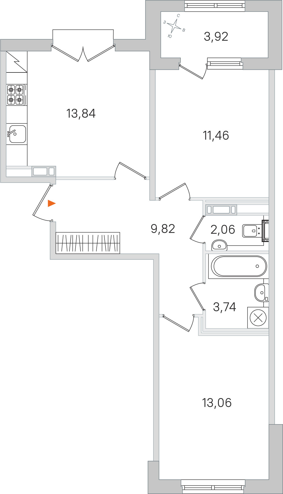 Планировка: 2-комнатная квартира, 54,0 м²