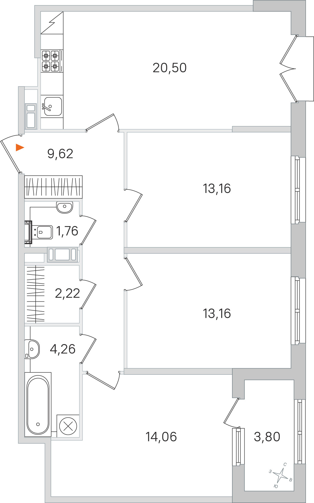 Планировка: 3-комнатная квартира, 78,7 м²