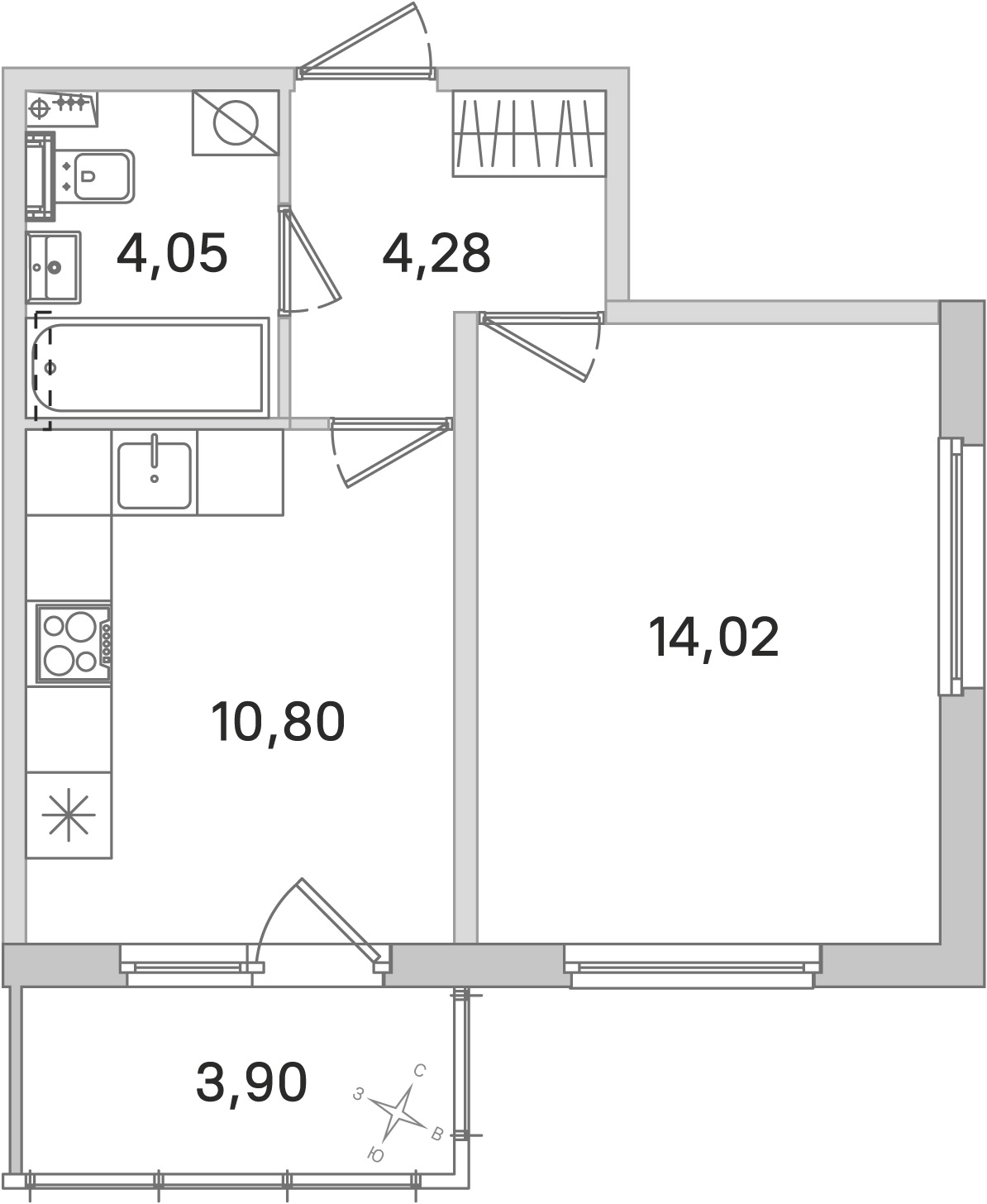 Планировка: 1-комнатная квартира, 33,2 м²