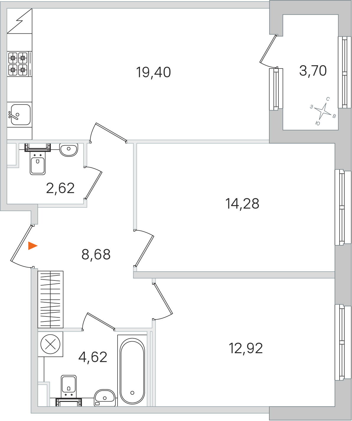 Планировка: 2-комнатная квартира, 62,5 м²