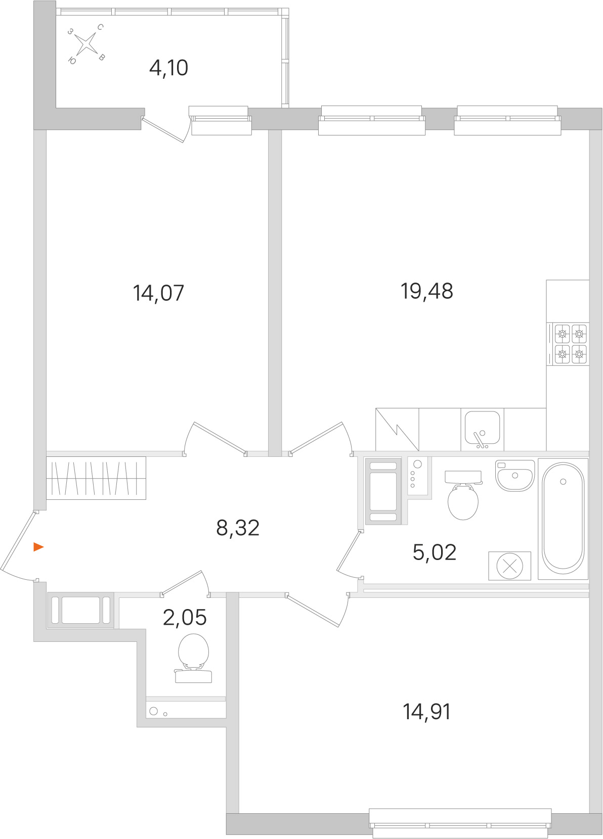 Планировка: 2-комнатная квартира, 63,9 м²