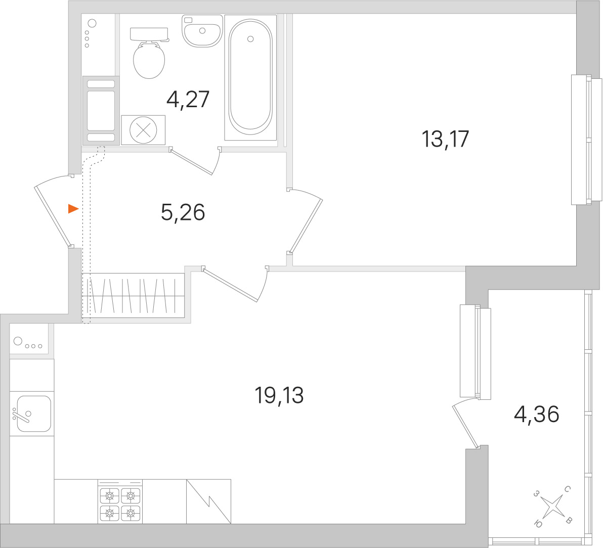 Планировка: 1-комнатная квартира, 41,8 м²