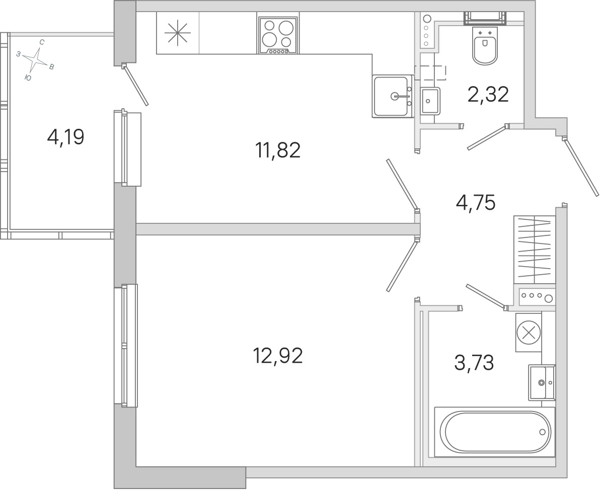 Планировка: 1-комнатная квартира, 35,5 м²