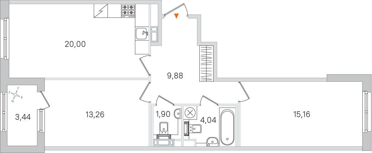 Планировка: 2-комнатная квартира, 64,2 м²