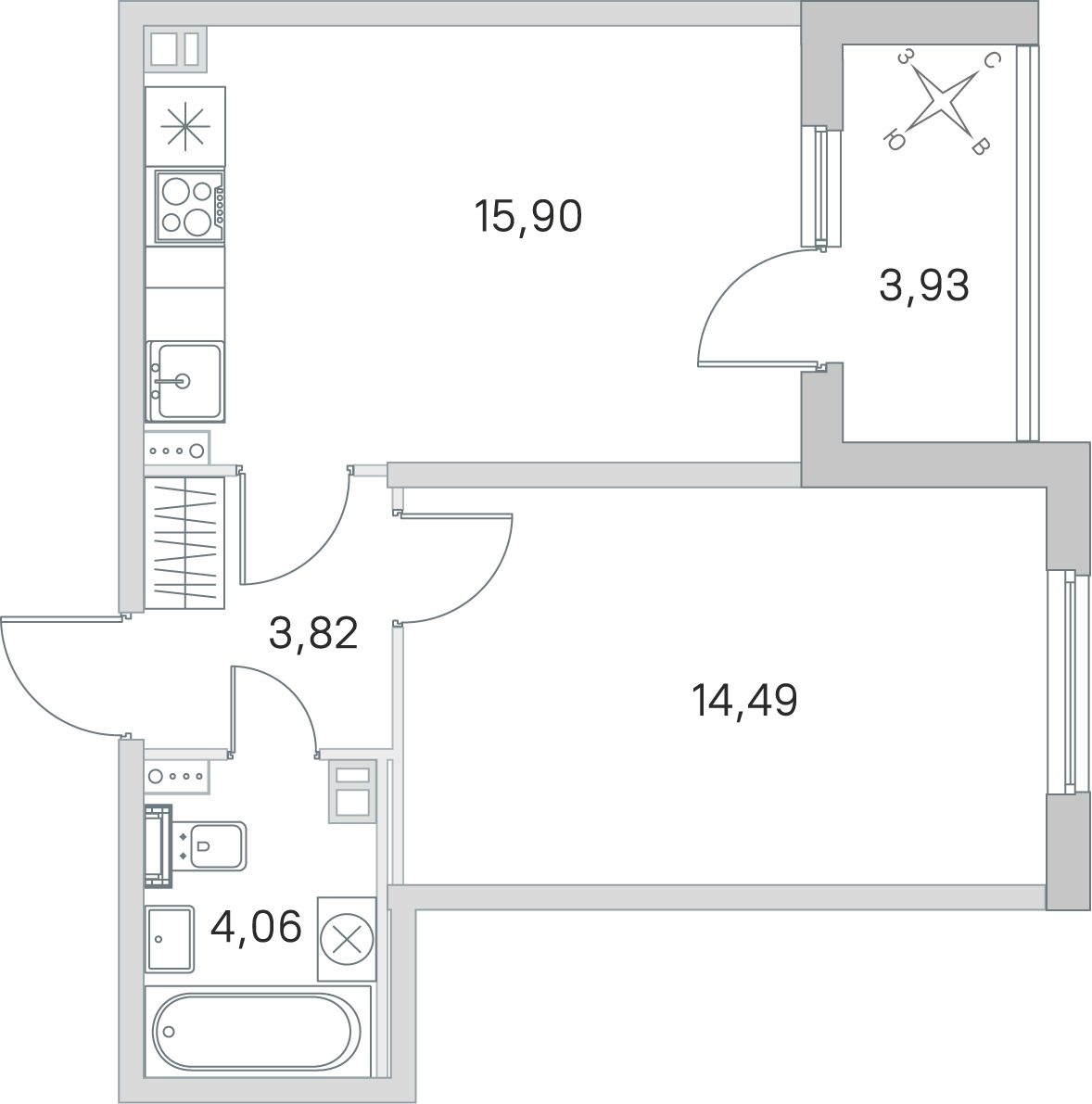 Планировка: 1-комнатная квартира, 38,3 м²