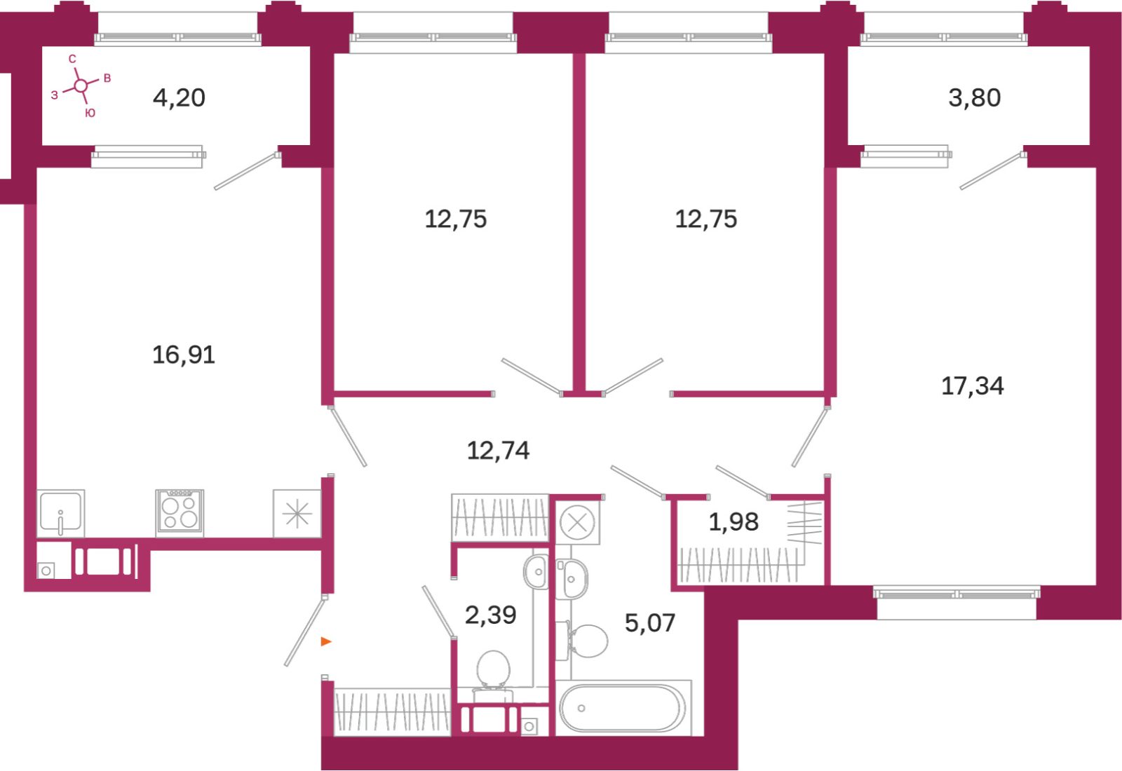 Планировка: 3-комнатная квартира, 81,9 м²
