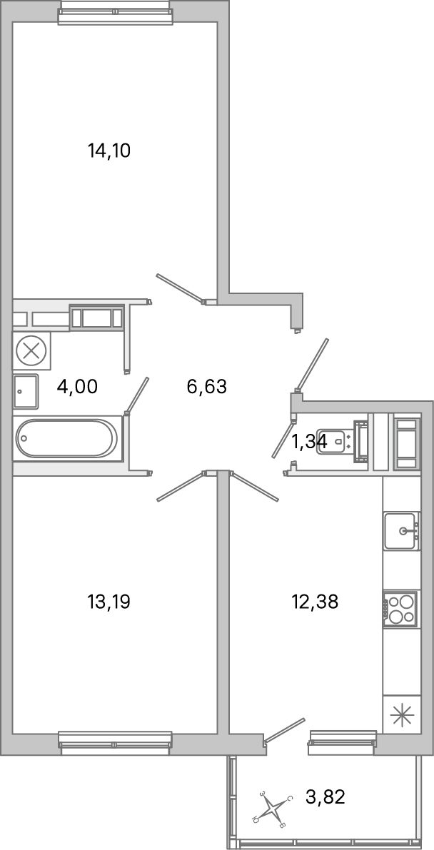 Планировка: 2-комнатная квартира, 51,6 м²