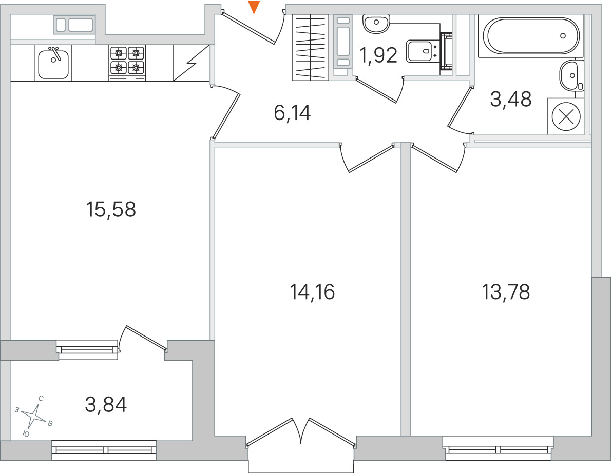 Планировка: 2-комнатная квартира, 55,1 м²