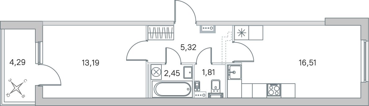 Планировка: 1-комнатная квартира, 39,3 м²