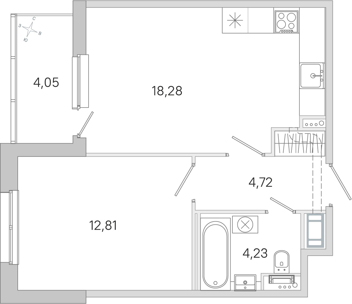 Планировка: 1-комнатная квартира, 40,0 м²