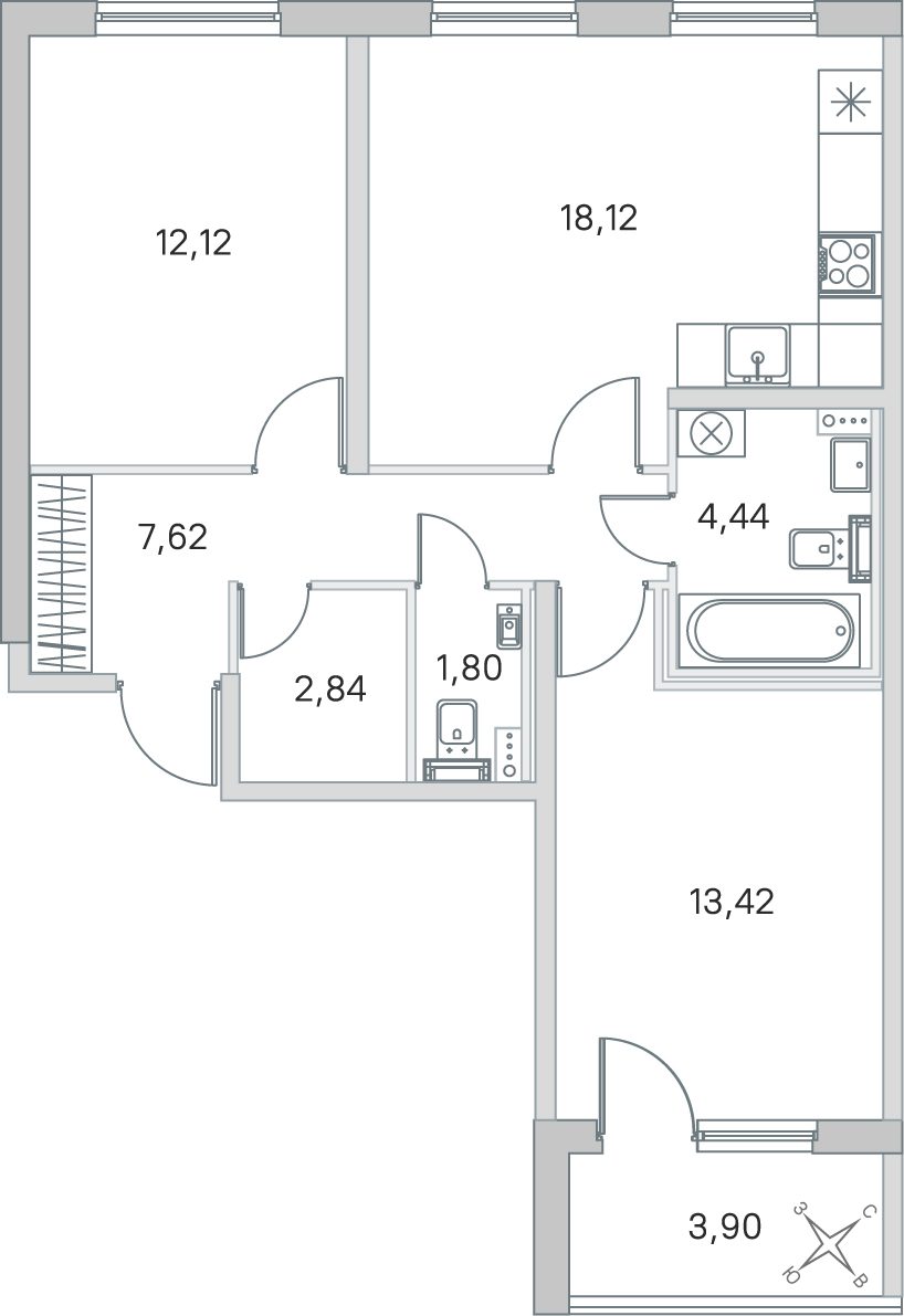 Планировка: 2-комнатная квартира, 60,4 м²