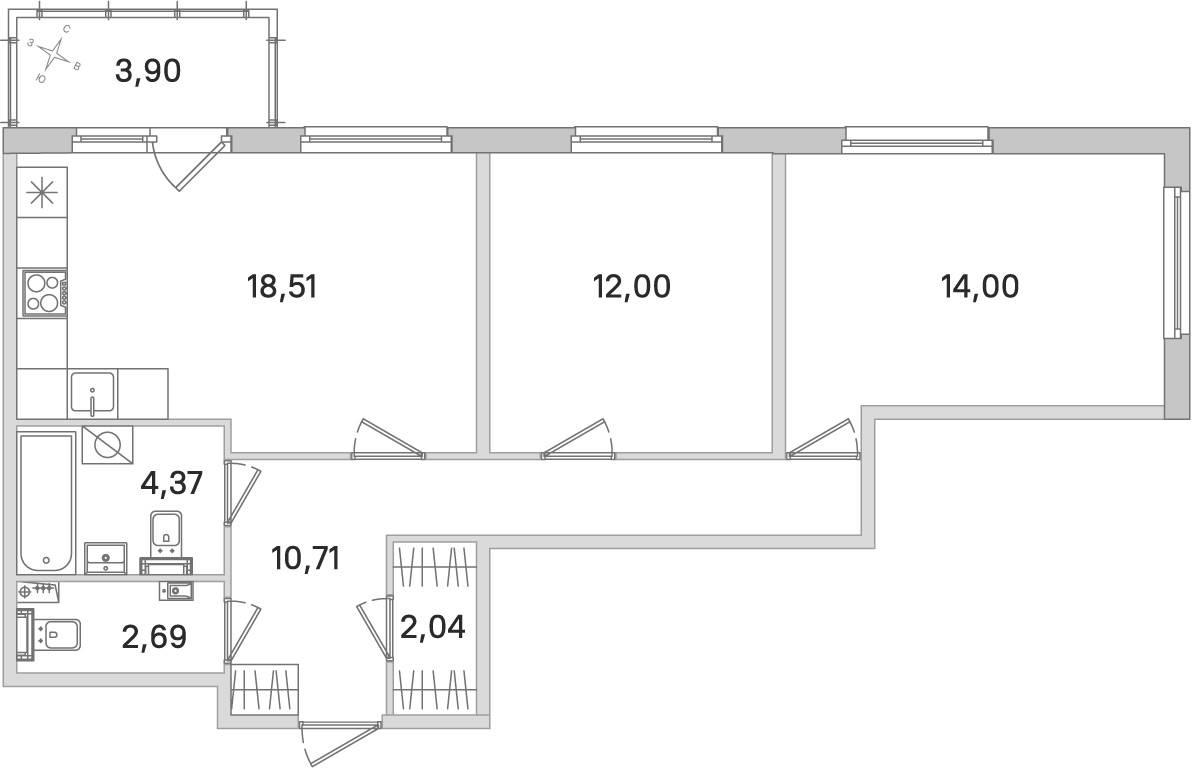 Планировка: 2-комнатная квартира, 64,3 м²