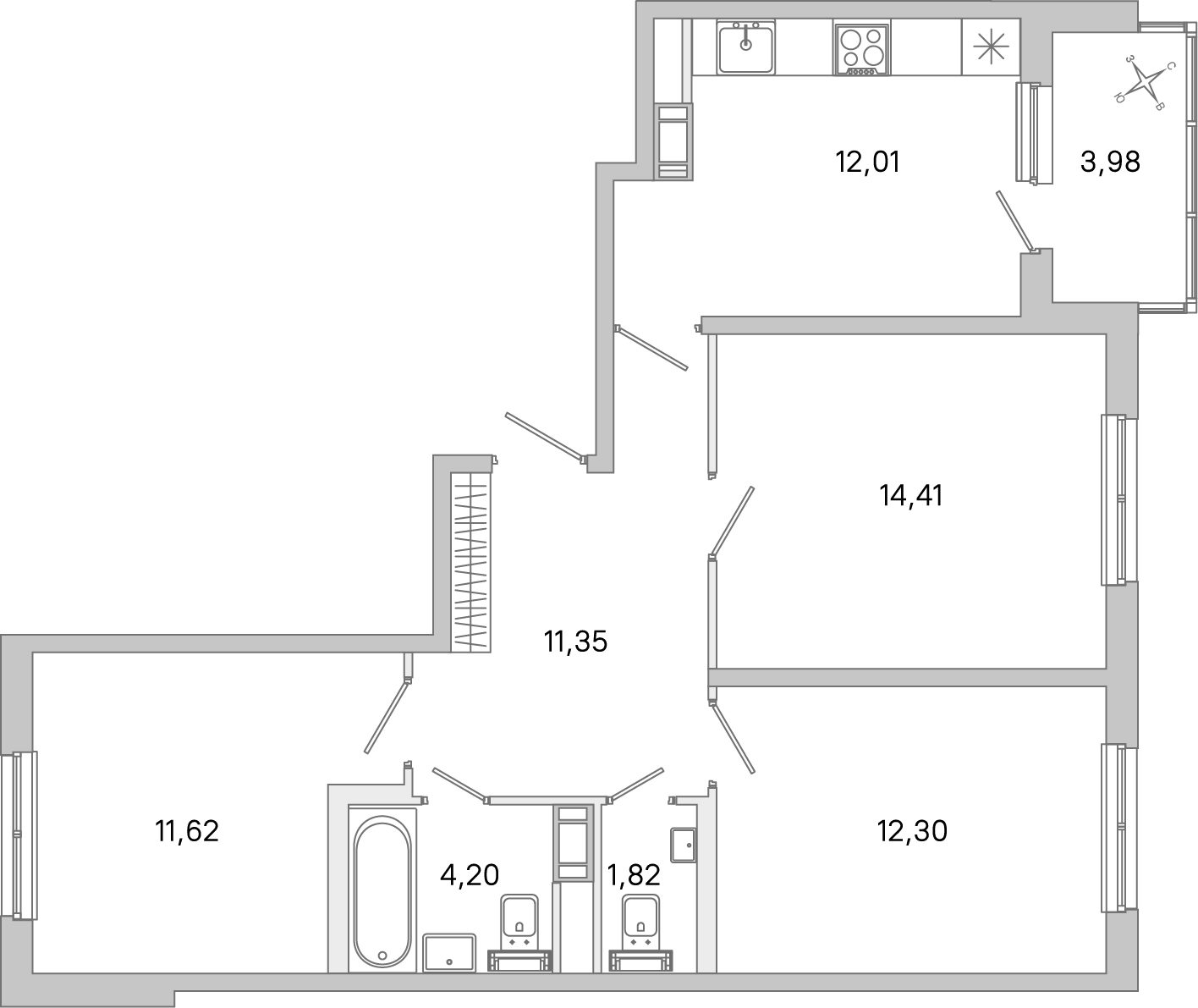 Планировка: 3-комнатная квартира, 67,7 м²