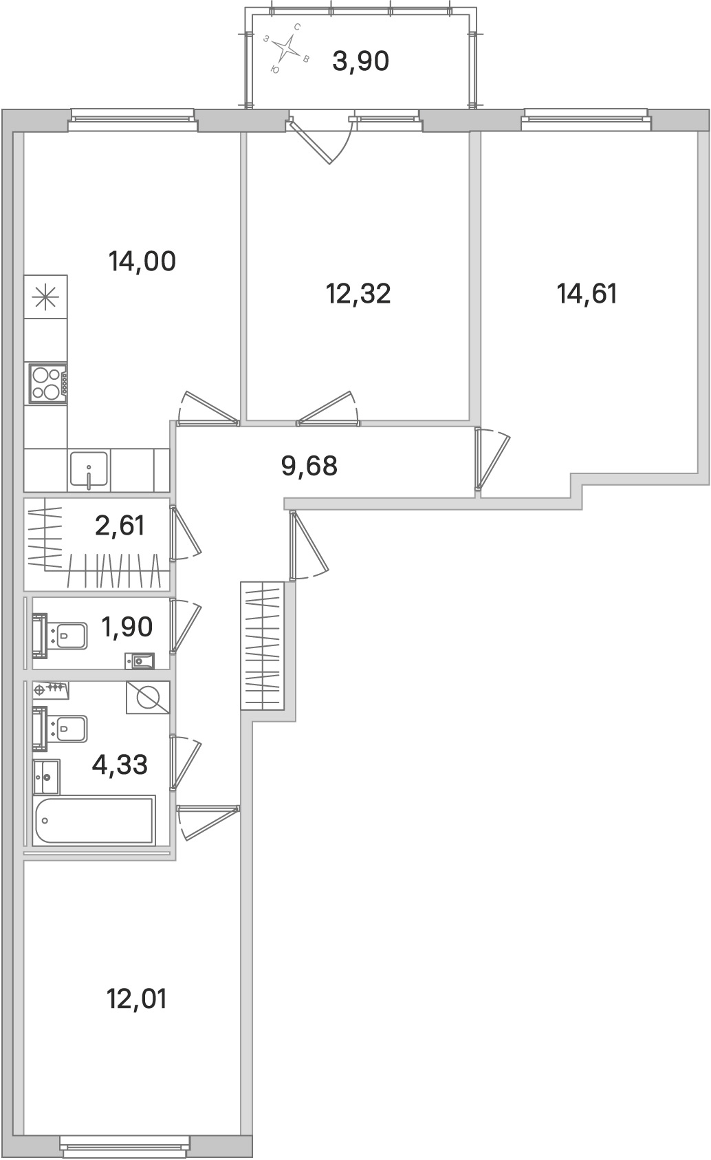 Планировка: 3-комнатная квартира, 71,5 м²