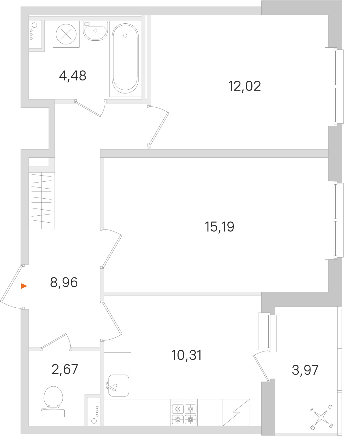 Планировка: 2-комнатная квартира, 53,6 м²