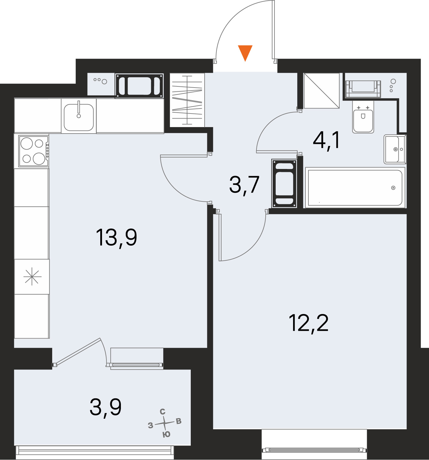 Планировка: 1-комнатная квартира, 33,9 м²