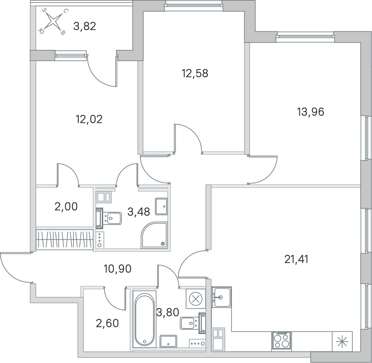 Планировка: 3-комнатная квартира, 82,8 м²