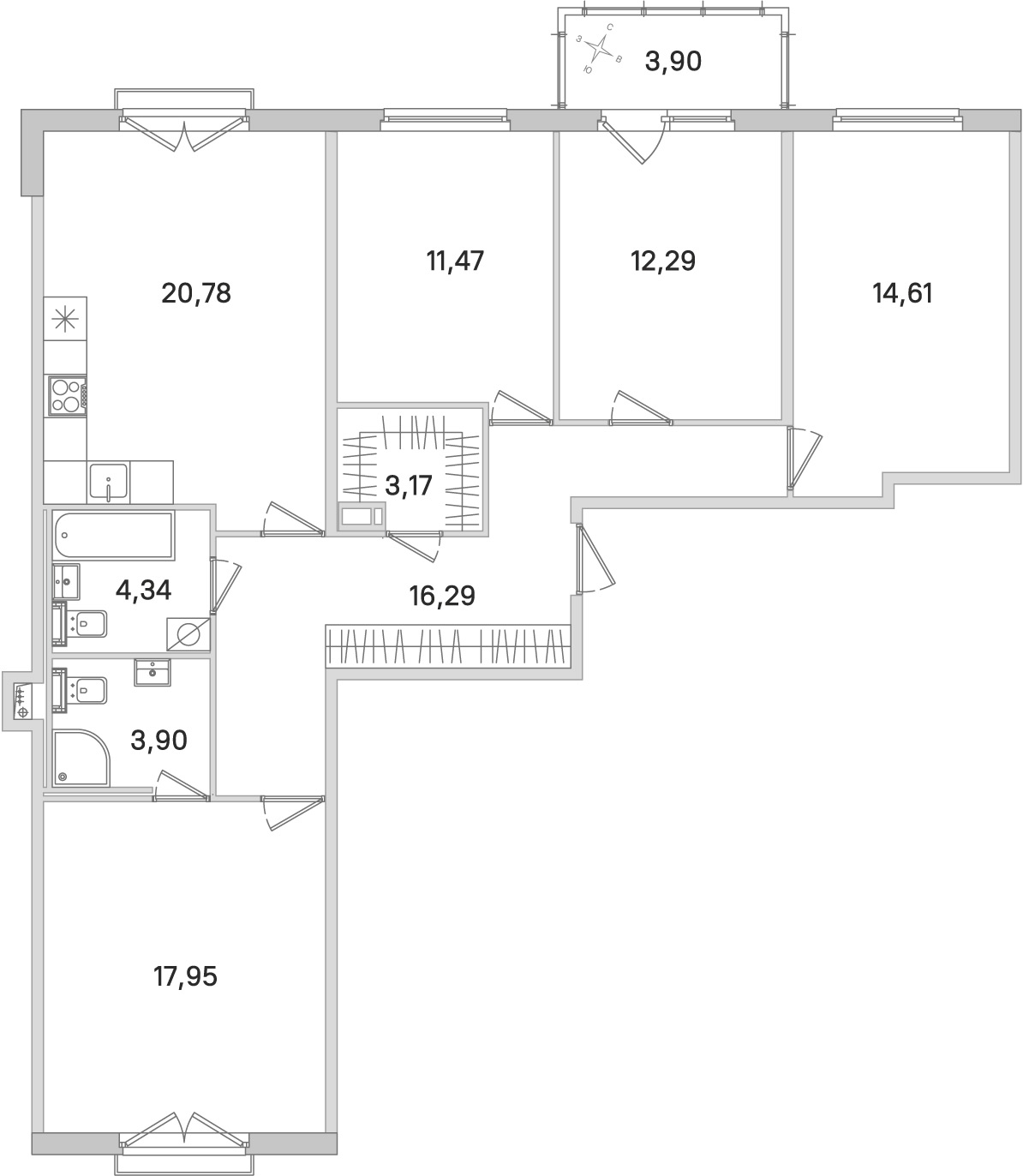 Планировка: 4-комнатная квартира, 104,8 м²
