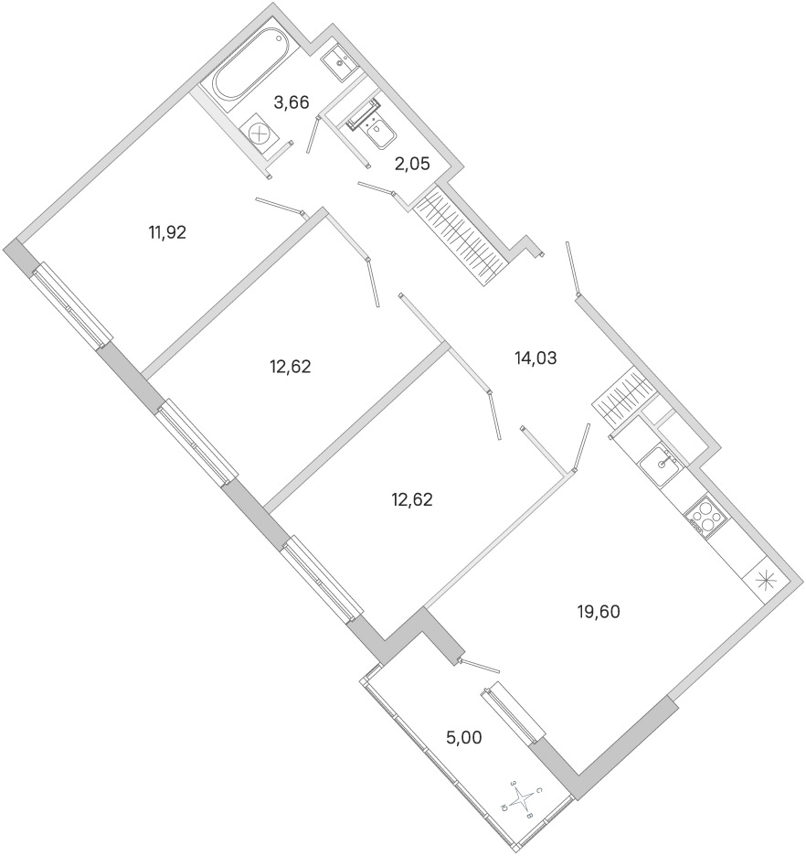 Планировка: 3-комнатная квартира, 76,5 м²