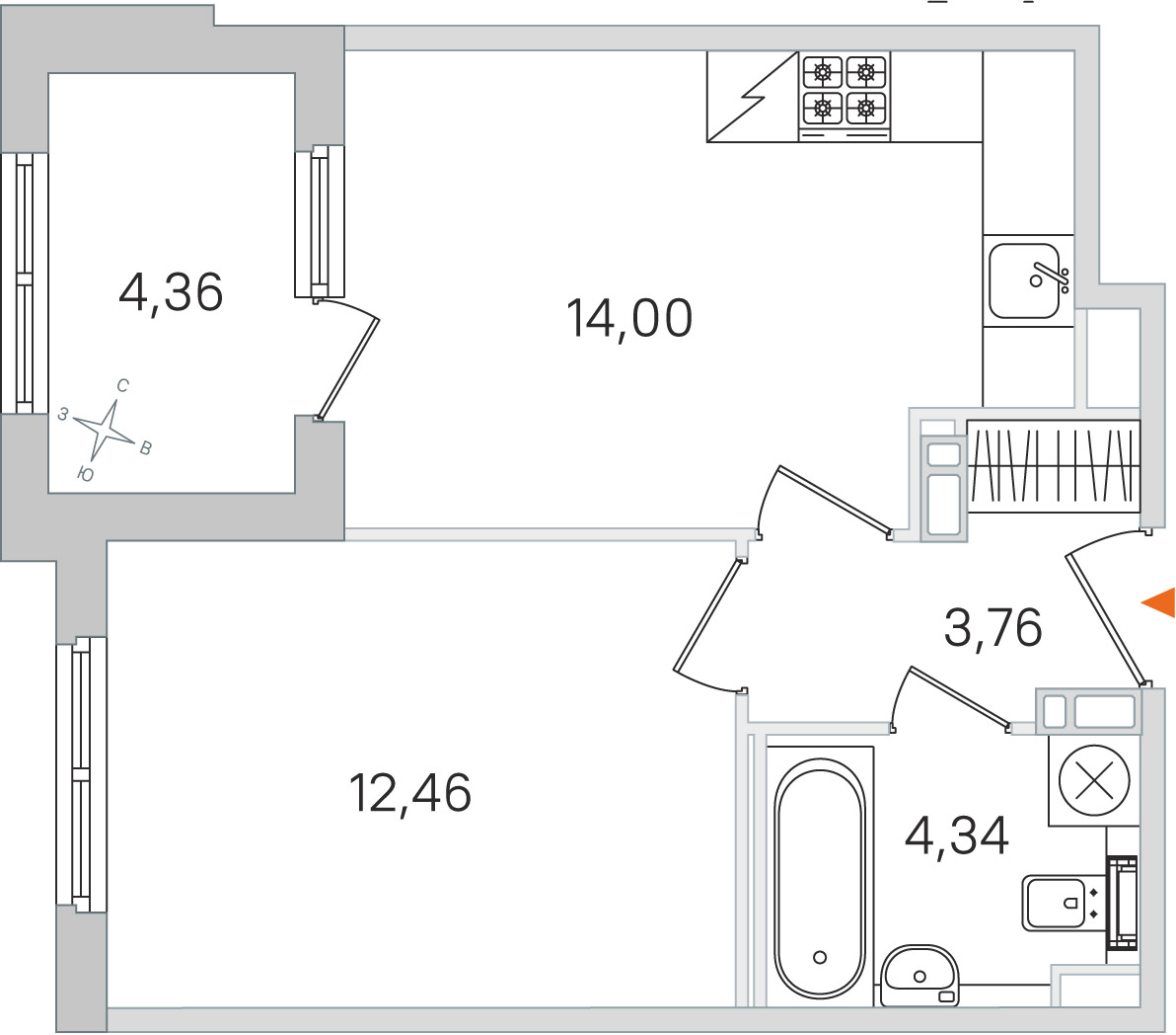 Планировка: 1-комнатная квартира, 34,6 м²