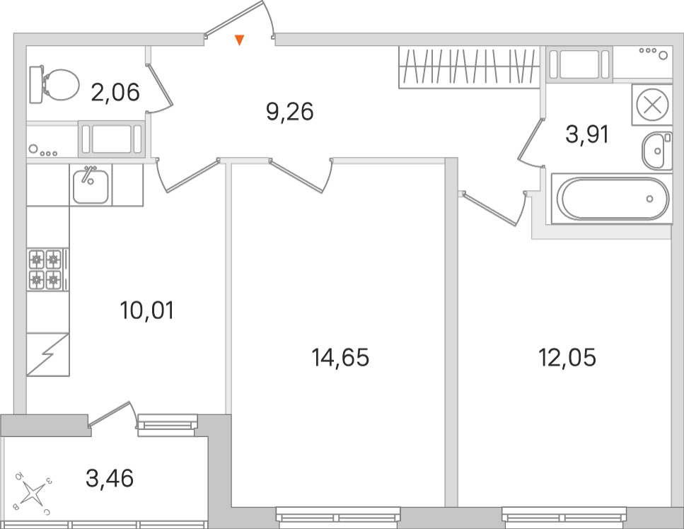Планировка: 2-комнатная квартира, 51,9 м²