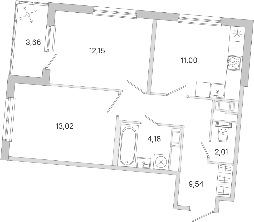 Планировка: 2-комнатная квартира, 51,9 м²