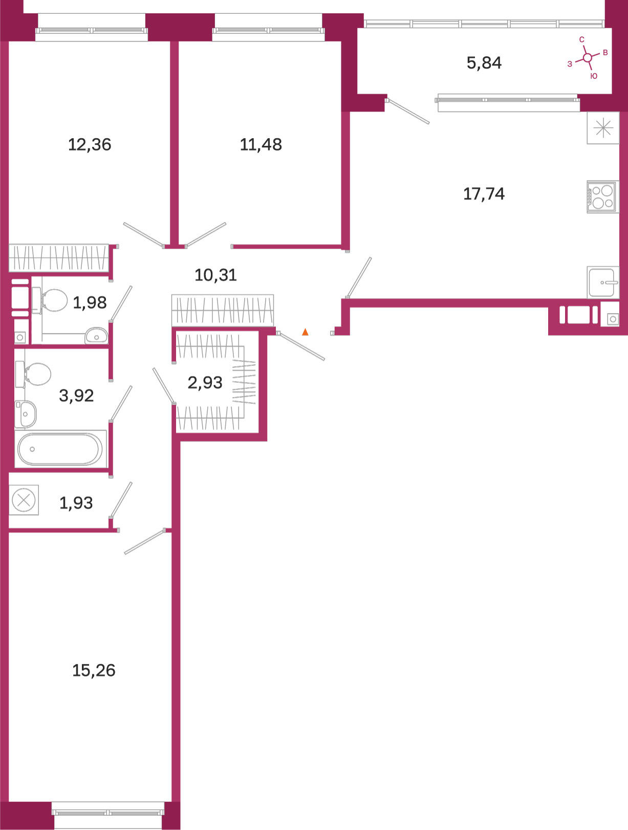 Планировка: 3-комнатная квартира, 77,9 м²