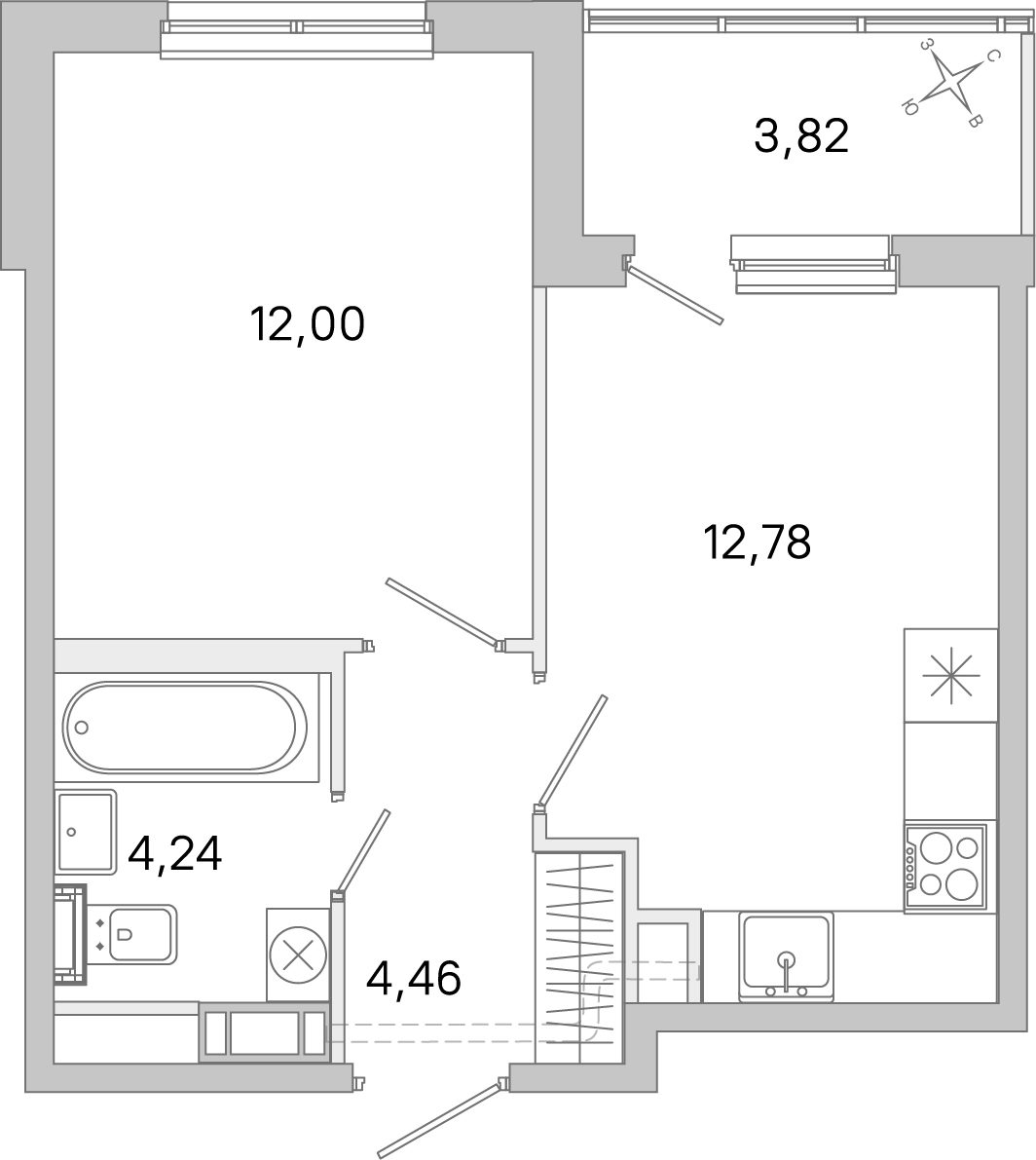 Планировка: 1-комнатная квартира, 33,7 м²